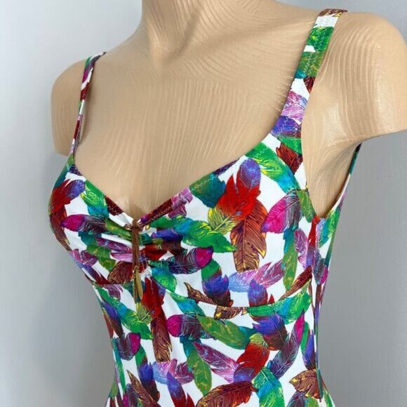 Laura Beach by Janine Robin Women's 6 White Multi Color Feather Print One Piece - Picture 2 of 12